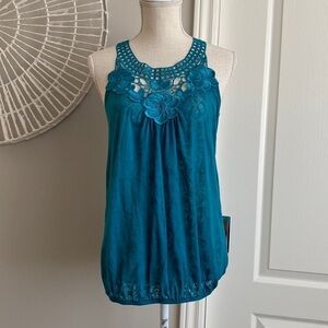 Streetwear Society - Turquoise / Teal Top with Lace & Floral Burnout Design‌‌‌‌‌